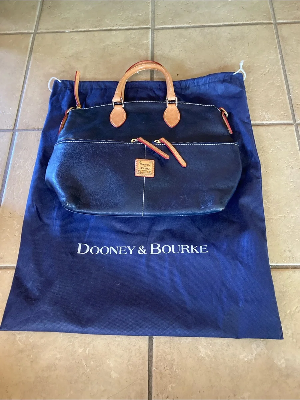 Dooney & Bourke Navy Leather Satchel with Tan Handles & Bag Protector